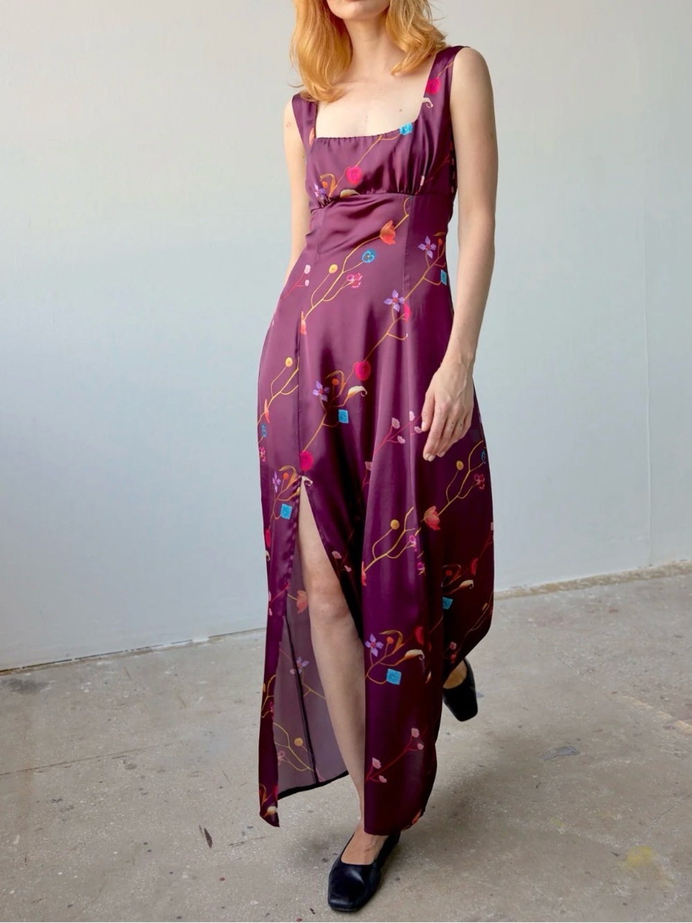 OhSevenDays Carolina Square Neck Floral Slip Burgundy Midi Dress Size Small